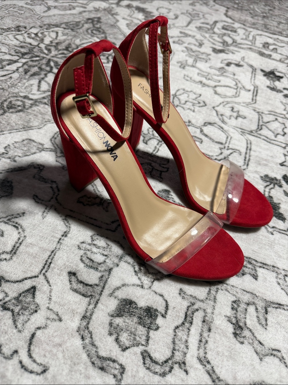 Fashion Nova Red Suede Block Heel Sandals with Clear Toe Strap